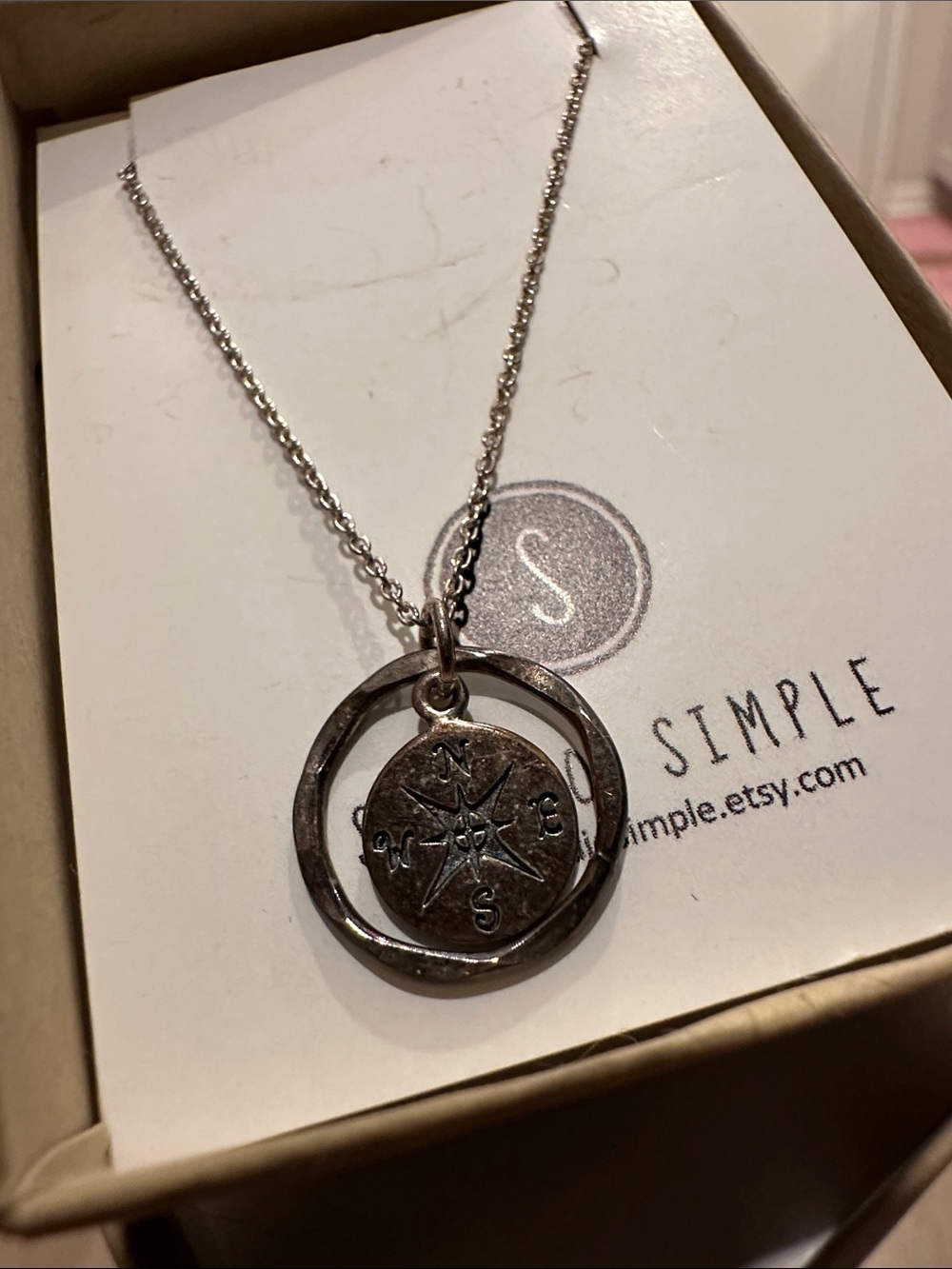 Simple Antique Silver Compass Circle Necklace